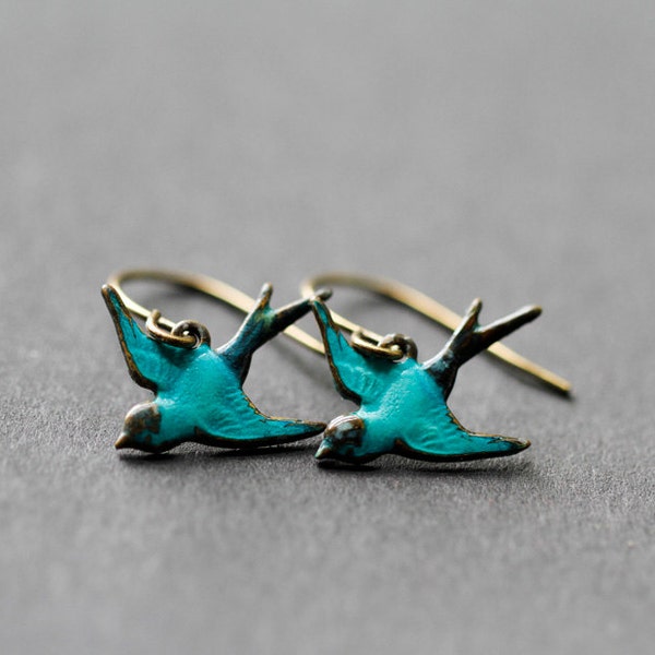 Bird Earrings Teal Rustic Patina Swallow Sparrow