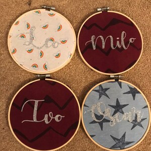 Può includere: Quattro pezzi d'arte ad anello ricamati con diversi design. Il primo anello ha uno sfondo bianco con disegni di arcobaleno e nuvole e il testo "Leo". Il secondo anello ha uno sfondo bordeaux con uno schema a chevron e il testo "Milo". Il terzo anello ha uno sfondo bordeaux con uno schema a chevron e il testo "Two". Il quarto anello ha uno sfondo blu con uno schema a stelle e il testo "Oscar".