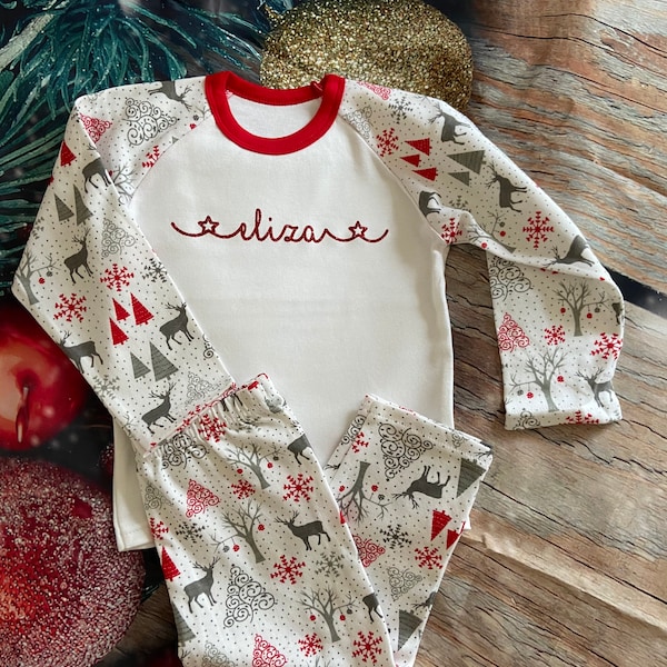 personalised fairisle deer stag tree Christmas Pyjamas - ages 1-10, unisex, red glittery name, matching, 100% cotton