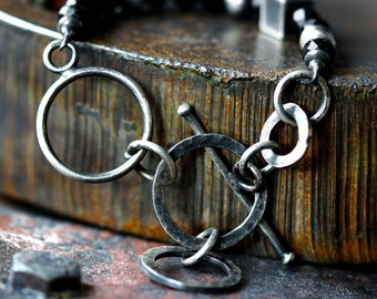 Bracelet de tourmaline argentée, bracelet de tourmaline noire unique, bracelet en pierre oxydée, bracelet minéral