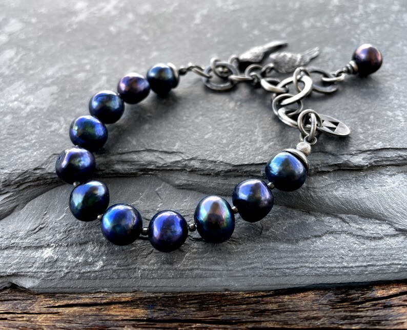 Raw silver bracelet, baroque pearl bracelet, blue freshwater pearls bracelet, modern pearl jewelry, avant garde bracelet, artisan bracelet image 6