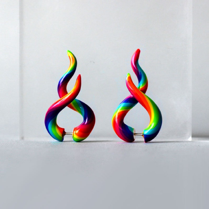 Colorful sterling silver stud earrings for african tribal women and girls, rainbow candy colorful stud, spiral ear gauges, tribal fake plugs image 3