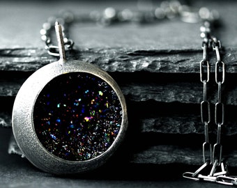 Sterling silver contemporary pendant, raw stone pendant, black druzy pendant, brutalist jewelry, carborundum jewelry, raw stone jewelry
