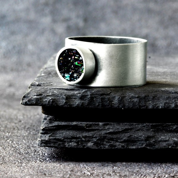 Raw silver ring, black geometric ring, black druzy ring, brutalist ring, brutalist jewelry, multi stone ring in sterling silver, modern ring