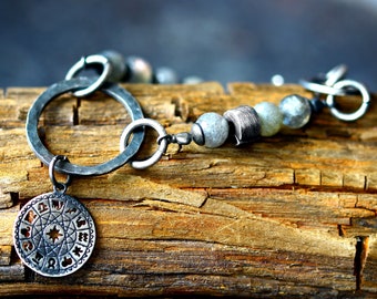 Bracciale in argento con labradorite, braccialetto regolabile segni zodiacali, gioielli con labradorite, braccialetto ossidato, gioielli polacchi