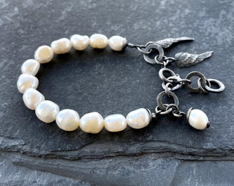 Bracelet argenté avec perles naturelles, bracelet bohème oxydé, bracelet unique avec minéraux, bracelet délicat pour femme