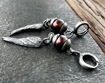 Boucles d'oreilles argent oxydées, boucles d'oreilles argent pendantes, boucles d'oreilles artistiques, boucles d'oreilles faites main avant-gardistes, boucles d'oreilles ailes légères