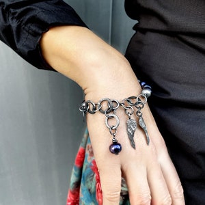 Raw silver bracelet, baroque pearl bracelet, blue freshwater pearls bracelet, modern pearl jewelry, avant garde bracelet, artisan bracelet image 8