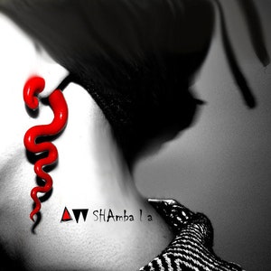 May include: A red, plastic, snake-shaped earring. The earring is worn in the person's left ear. The person has a tattoo on their neck that says "AW SHAmba! a"