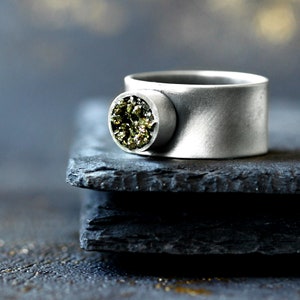 Silver wide ring with thick silver band, contemporary ring rough in minimalist shape, industrial ring golden, fairy ring mineral raw stone