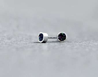 Silver cute unique black studs modern simple for contemporary minimalist women, glittering small round tiny earrings, circle black studs 925