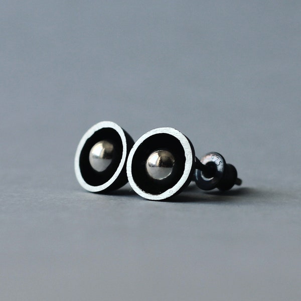 Raw silver earrings, modernist earrings, futuristic earrings, brutalist earrings, oxidized earrings, black stud earring, matte black earring