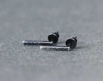 Short drop dangle bar earrings in geometric minimal style, 925 raw textured silver, hammered earring line minimal, everyday drop bar studs