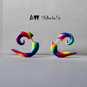 Boucles d’oreilles ethniques, multicolores, coloré, fou, twisted boucle d’oreille de Rainbow, avant arrière