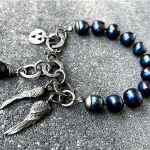 Raw silver bracelet, baroque pearl bracelet, blue freshwater pearls bracelet, modern pearl jewelry, avant garde bracelet, artisan bracelet image 2
