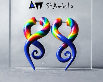 Rainbow fakes for rock festival, both side colorful gauge earrings, long twisted rainbow candy earrings, handcraft coblat blue ear spirals