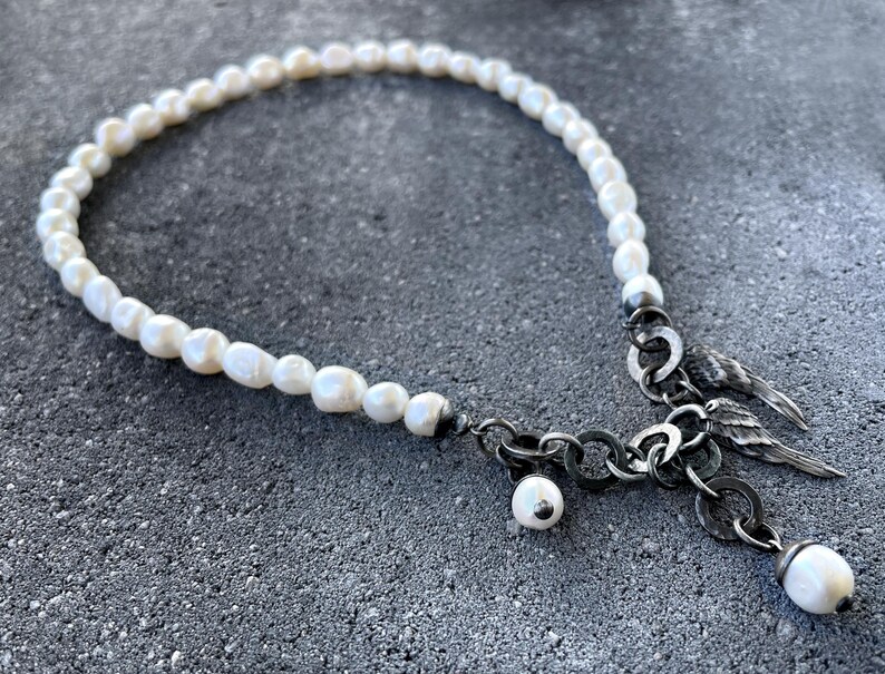 Collier argent avec perles, collier unique avec perle naturelle, collier bohème moderne, argent oxydé, bijoux artistiques image 3