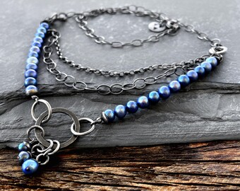 Collana in argento con perle, collana unica con perla naturale, collana boho moderna, argento ossidato, gioielli artistici