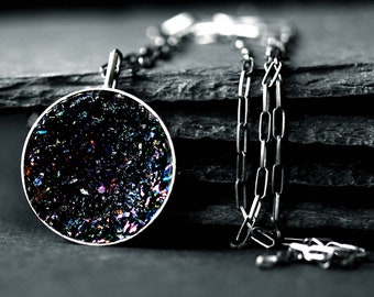 Raw silver pendant, round disc pendant, black druzy pendant, raw stone pendant, contemporary pendant, brutalist pendant, brutalist jewelry