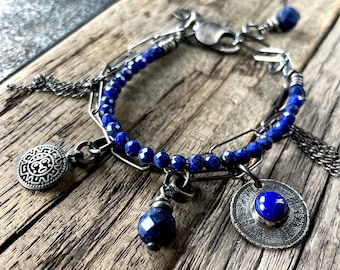 Sterling Silber Lapis lazuli Armband für Frauen, Roh Silber Armband, Roh Stein Armband, rustik Armband, Mineral Armband, Boho Armband