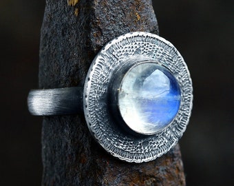 Sterling silver moonstone ring, rainbow moonstone ring, blue moonstone ring, raw silver ring, oxidized ring, tribal ring, brutalist ring