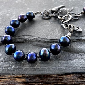 Raw silver bracelet, baroque pearl bracelet, blue freshwater pearls bracelet, modern pearl jewelry, avant garde bracelet, artisan bracelet image 1