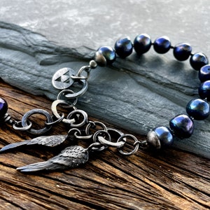 Raw silver bracelet, baroque pearl bracelet, blue freshwater pearls bracelet, modern pearl jewelry, avant garde bracelet, artisan bracelet image 4