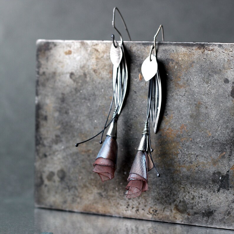 silver rustic earrings floral abstract silver earrings leaf flower earrings lily of the valley Raw silver earrings elven jewelry fairy
