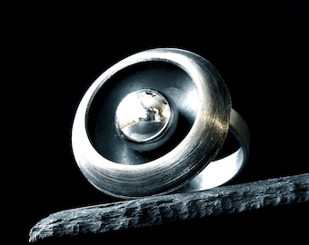 Anillo de bola de plata, anillo geométrico, anillo oxidado, anillo moderno, anillo industrial redondo