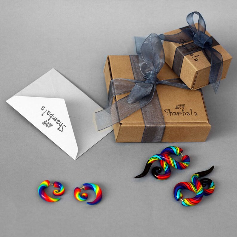 May include: Two pairs of rainbow swirl earrings, one pair is a hoop style and the other is a spiral style. The earrings are packaged in a brown box with a gray ribbon and the logo "Shambala" printed on the box.