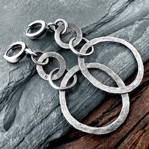 Raw silver earrings, oxidized earrings, dangle geometric earrings, brutalist earrings, large sterling silver hoop earrings, rustic earrings