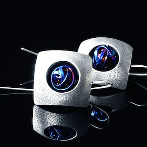 Sterling silver contemporary earring, dangle rainbow titanium earrings, large geometric earrings, modernist earrings, brutalist earrings