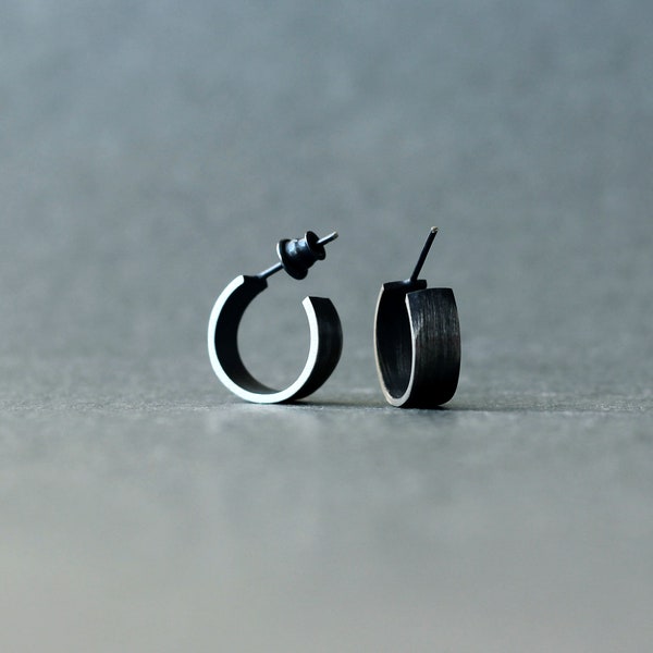 Sterling silver black earrings stud, raw silver earrings, brutalist earring, punk earring, oxidized silver hoop earring, matte black earring