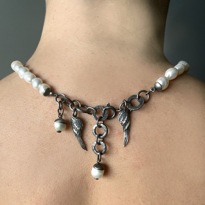 Collier argent avec perles, collier unique avec perle naturelle, collier bohème moderne, argent oxydé, bijoux artistiques image 5