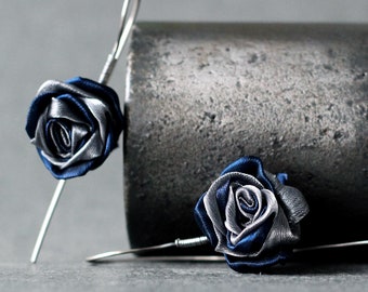 Pendientes colgantes de plata con rosas marinas, pendientes oxidados en plata y tela, joyas de autor únicas, pendientes de boda