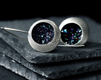Raw silver earrings, mineral earrings, brutalist earrings, raw stone earrings, black oxidized earrings, sterling silver contemporary earring