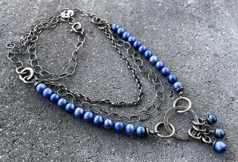Collier argent avec perles, collier unique avec perle naturelle, collier bohème moderne, argent oxydé, bijoux artistiques image 4