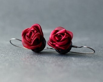 Sterling silver burgundy earrings for alternative wedding, red rose earrings, boho bridal earrings, fabric earrings, Art Noveau earrings