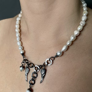 Collier argent avec perles, collier unique avec perle naturelle, collier bohème moderne, argent oxydé, bijoux artistiques image 4