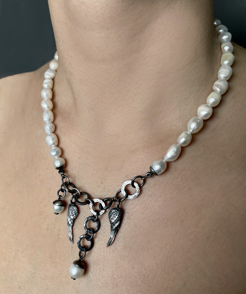 Collier argent avec perles, collier unique avec perle naturelle, collier bohème moderne, argent oxydé, bijoux artistiques image 4