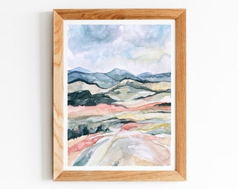 Foothills Mountain Countryside Landscape Watercolor Fine Art Print, Landscape Painting