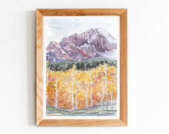 Mountain Aspens in Fall Landscape Watercolor Fine Art Print, Mountain Painting