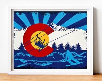 Ski Colorado Flag Mountain Fine Art Print, Colorado Flag Art