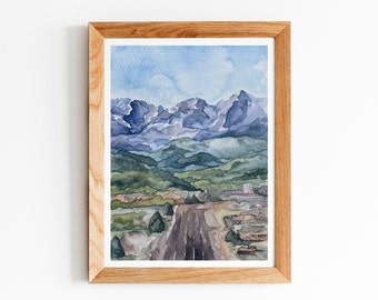 Road to Estes Park and Rocky Mountain National Park Watercolor Fine Art Print, Colorado Rocky Mountain Painting