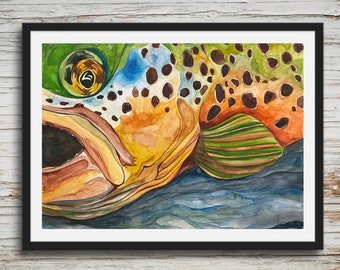 Trout Fish Watercolor Painting, Cutthroat Trout, Fish Painting