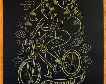 Bike Print Silkscreen Poster Print Limited print poster Emerald City GOLD by Robot Soda