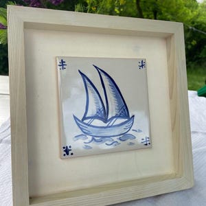 Hand painted Tile sail boat / portuguese azulejo yacht motif