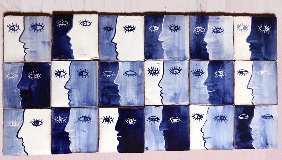Hand Painted Faces Tile Picture 90 X 45 Cm / Abstract Portuguese ...