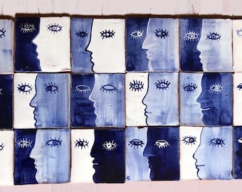 Hand painted faces tile picture 90 x 45 cm / Abstract  portuguese azulejo tile mural/ interior wall decor