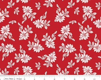 Poinsettia Print Fabric, Santa Claus Lane fabric, Riley Blake Designs, END OF BOLT